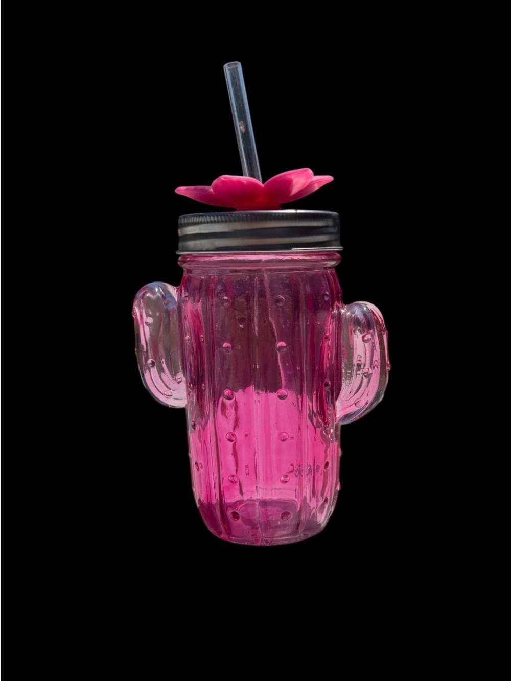 Mainstays Pink Cactus Glass Jar with Flower Lid and Straw